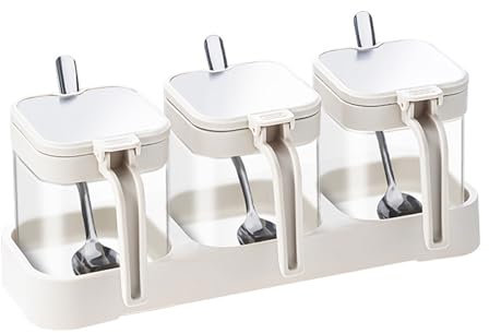 susiodeu Haushalt Küche Lagerung Box Salz Glas Mit Edelstahl Löffel Glas Haushalt Kombination Küche Lagerung Box, Beiges Set