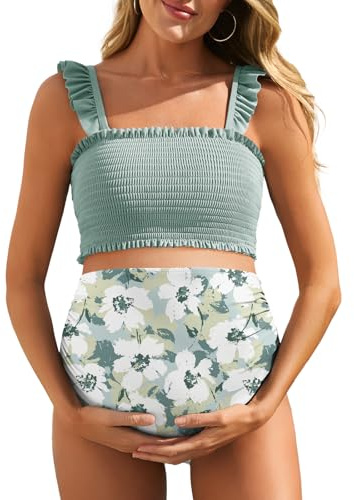 Maternity High Waist Bikini Swimsuit Two Piece Ruffled Hem Cute Floral Bathing Suit Solitary Silhouette Bloom Large