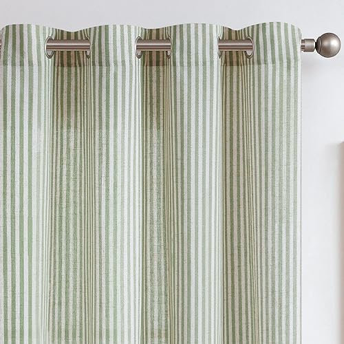 TOPICK Linen Curtains for Living Room 84 inches Long Sage Green Striped Curtains for Bedroom Light Filtering Eyelet Curtain Window Decoration 2 Panels