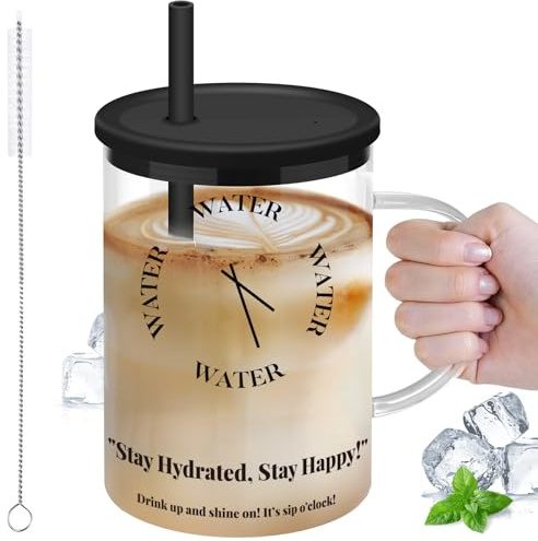 NiHome 1000 ml Glasbecher mit Griff, Deckel und Strohhalm, Robuste Smoothie Becher aus hochwertigem Glas, Luftdichtes Design, Ideal für Kaffee, Eiskaffee und Smoothies, Spülmaschinenfest(Schwarzer)