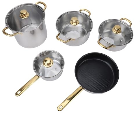 Juego de Ollas y Sartenes de Acero Inoxidable de 5 Piezas, Juego de Utensilios de Cocina de Inducción con Tapas de Vidrio con Dorado para Freír, Hervir y Asar a la Parrilla