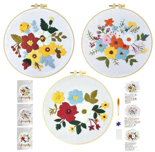 Xinpinzhou 3pcs Blume Stickset Sticken Set für Erwachsene Anfänger Embroidery Kit Stickerei Stick Set Stickvorlagen Kreuzstich Vorgedruckt Stickbilder Stickbild Stickpackung Stickvorlage
