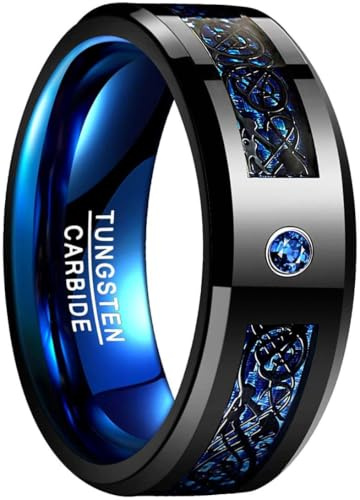 083BASE Herren Tungstenring mit Drachenmuster, 8mm Breite, Zirkonia-Einlage, in Blau, Schwarz und Rot erhältlich - Wolframkarbid Ring für Männer