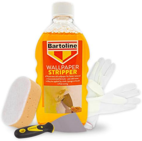Wallpaper Stripper & Scraper Kit – Bundle with 500ml Bartoline Wallpaper Stripper Liquid, Heavy Duty Wallpaper Scraper, Large Sponge & Gloves – Complete Adhesive Remover Set for DIY & Home Renovation