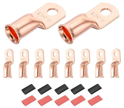 DMiotech 10 Pcs 2/0 AWG - 5/16 Copper Cable Lugs, Battery Cable Ends, Heavy Duty Copper Wire Lugs with 10pcs Heat Shrink Tubing for Electrical Projects, Copper