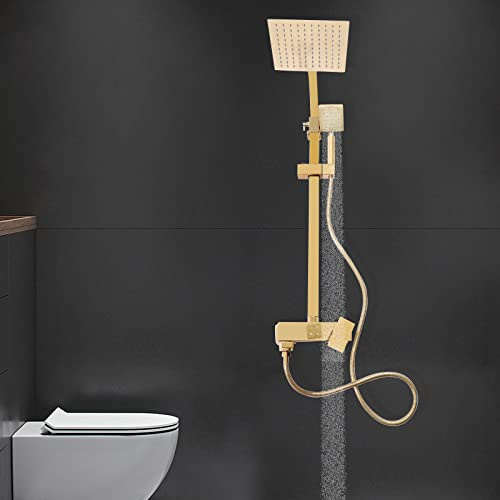 Duschsäule mit Mischbatterie, Regendusche (200 x 200 mm), Handbrause, Halterung und flexibel, höhenverstellbar, Gold, Duschsystem für Familienleben, Pool, Fitnessstudio