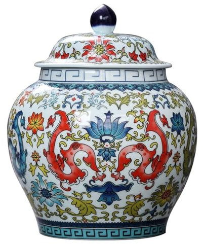 DECORN Pot à Gingembre Chinois avec Couvercle Pot à Gingembre décoratif de Style Ancien Petit Vase en Porcelaine pour décoration intérieure, Rangement de Cuisine, Centre de Table,Enamel Color