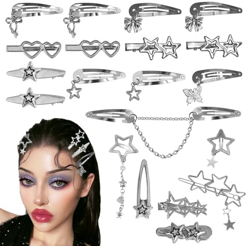 20 Pcs Y2K Silver Metal Hair Clips, Multi Shape Barrettes for Women Girls
