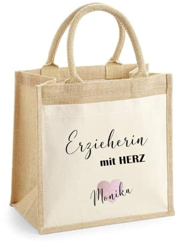 minimutz Geschenk Dankeschön Erzieherin mit Herz, Personalisiert mit Name, Tasche Baumwolle mit Name, Kleine Geschenktasche Abschied Kita Kindergarten Abschiedsgeschenk