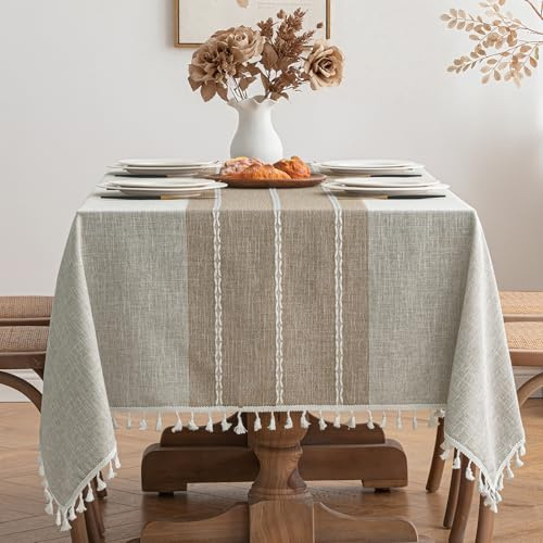 MIULEE Manteles Mesa Rectangular 100x140cm Rayas Beige Tela Impermeable Borlas Mantel Elegante Rectangle para Mesa de Comedor