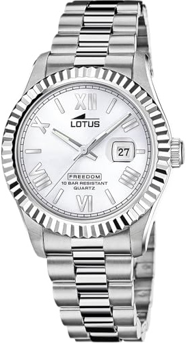 LOTUS Reloj Hombre Analógico de Acero Inoxidable 316l Plateado | Movimiento de Cuarzo, Calendario, Cristal Mineral de Alta Resistencia, Resistente al Agua 10 ATM 19002/1 Freedom