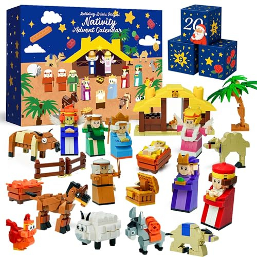 Calendario de Adviento 2025 – Juego de bloques de construcción de 24 días para niños, caja de regalo de cuenta regresiva de Navidad con figuras de belén, juguetes de construcción de vacaciones para