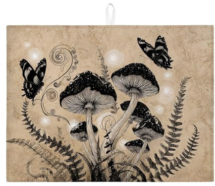 Black Mushroom Dish Drying Mats For Kitchen Counter, Vintage Botanical Absorbent Drainer Mat, Artistic Microfiber Drying Pad For Coffee Bar 18x24 Inch