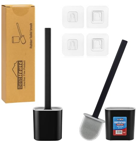 BH | Silicone Toilet Brush and Holder Set | 2-Pack | Black White |Deep Cleaning | Long Handle | Durable and Flexible TPR Bristles | Wall Mounted Toilet Bowl Brush for Bathroom Cleaning - by BEST HOUSE