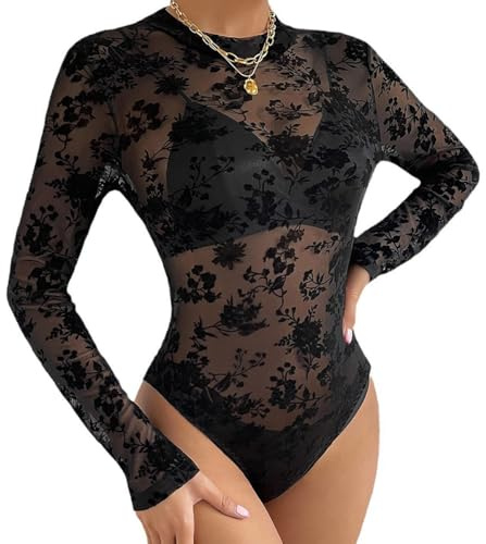 NewBull Women's Sexy Lace Bodysuit Sexy Lace Bodysuits for Women Mesh Lace Long Sleeve Leotard Bodysuit Women Long Sleeves Bodysuit Flocked Printed Sheer Mesh Long Sleeve Women's Bodysuits (S)