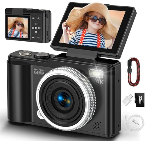 Digital camera, 4K 64MP Compact Digital Camera with Autofocus and Macro Function, 180° flip-up screen portable selfie cameras for photography and video with 32GB Micro SD Card for Beginners Teens