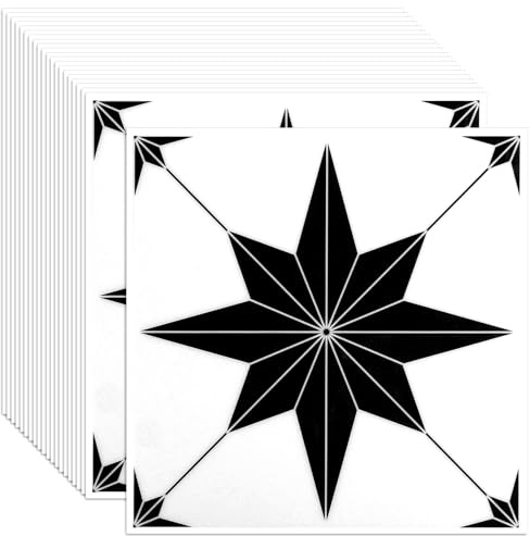 CYEER Set med 20 självhäftande vinylgolv – 30 x 30 cm PVC golvplattor (1,8 m²) – svart stjärnmönster med vita linjer på vit vattentät golvbeläggning för kök och badrum – vänlig hyreslägenhet