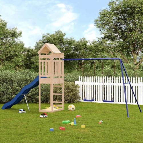 Ordellia Torre de juego de madera maciza de pino con tobogán ondulado, columpio doble y caja de arena, plataforma de 118 cm, juguete de jardín para jardín, patio, terraza, para niños de 3 a 8 años