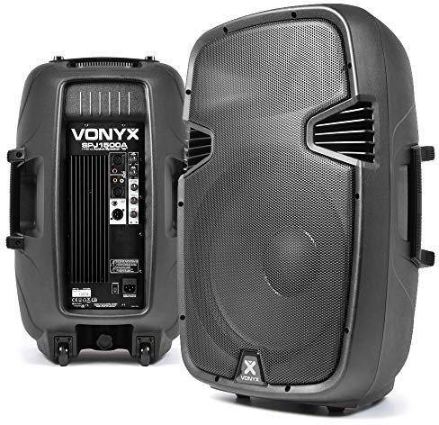Vonyx SPJ-1500A Active PA Speaker System Pair, 1600W 15 Powered DJ Speakers with Audio & Microphone Inputs, XLR Connectivity & Cables for Mobile DJs, Live Bands & Events