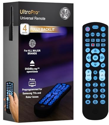 GE Universal Remote Control for Samsung, Vizio, LG, Sony, Sharp, Roku, Apple TV, TCL, Smart TV, Streaming Media Player, Blu-Ray Player, DVD Player, Easy Programming, 4-Device, Black, 40081