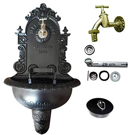 Wandbrunnen Graf von Gerlitzen Blumenampel Alu Bassena Wand Brunnen Alt Wiener Bassena Kran Ablauf Schwarz (ANJA) MG2-1926Black