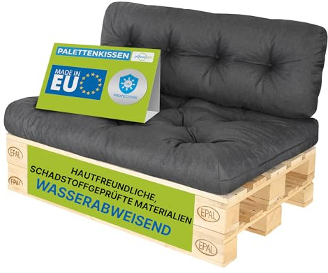 Pillows24 Palettenkissen 2-teiliges Set, Wasserabweisend & UV-fest | Palettenkissen Outdoor & Indoor für Europaletten 120x80, Palettenuflage für Palettensofa, für Garten, Made in EU, Graphit