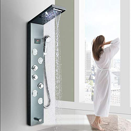 Saeuwtowy Bathroom Wall Mounted Multi-Function Shower Panel Tower System with LED Waterfall/Rainfall Shower Head Massage Jets Tub Spout Handheld Hand Shower Split Shower Towel Oil Rubbed Bronze Finsih