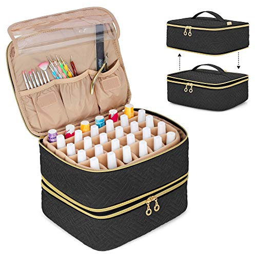 Luxja Nagellack Aufbewahrung Tasche, Nagellack Tasche Organizer für 60 Flaschen (bis zu 15 ml) und Nageldesign Zubehör, Doppelschicht Kosmetiktasche für Nagel Gel Sets, Schwarz (PATENTIERTES Produkt)