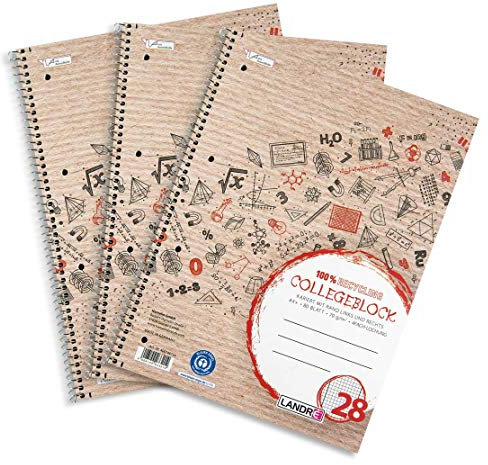 Landré Collegeblock A4 Recycling, kariert, 80 Blatt, 3 Stück