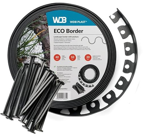 WDB Flexible Rasenkante aus Kunststoff - 10m Lang 4cm Hoch - mit 20 Befestigungsnägel - Schwarz - RAL 9005