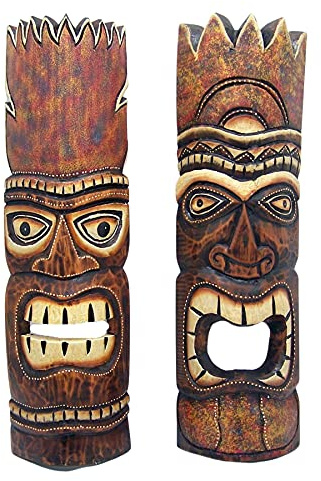Hand Crafted Hawaiian Style Wooden Tiki Masks, Wall Décor, Set of 2 Assorted Designs, 20 Inches