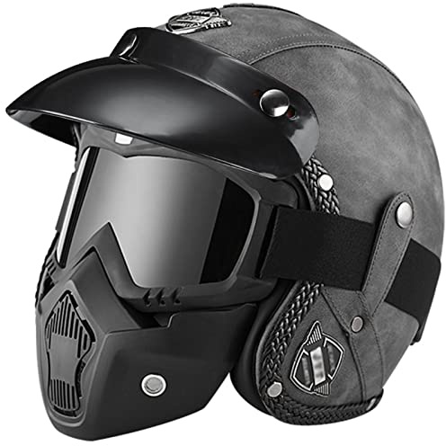 Motorrad-Jethelm mit Maske und Brille Retro-Jethelm mit Abnehmbarer Krempe ECE-zugelassener Schutzhelm für Erwachsene Halbschutzhelm für Männer und Frauen Cruiser Chopper 9,M(57-58CM)