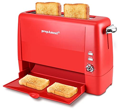prepAmeal Long Slot Toaster 2 Slice Toaster with 6 Shade Settings, Bagel/Cancel, Extra Wide Slots, Removable Crumb Tray, for Bagels, Waffles, Breads, Puff Pastry, Snacks (2-Slice, Red)