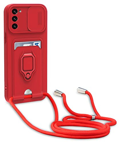 yanasuo Schiebe Kameraschutz Silikon Handykette Hülle kompatibel mit Samsung Galaxy S20 FE 5G /4G, Metall Ring Halter Handy Cover,Verstellbarer Halskette Handyhülle-Rot