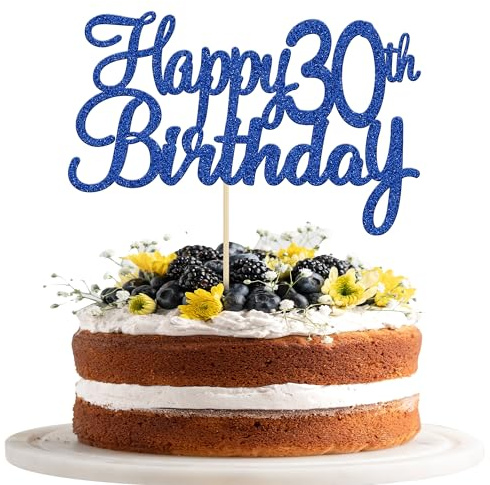 Gyufise 3Pcs Happy 30th Birthday Cake Topper Blue Glitter 30th Birthday Cake Pick Cheers to 30 Years Old Thirty Fabulous Cake Decorations for 30th Birthday Wedding Anniversary Party Supplies