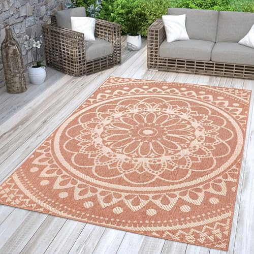 TT Home In-& Outdoorteppich Wetterfest Garten Orientalisches Marokkanisches Boho Design, Farbe: Weiß Orange, Größe:200x280 cm