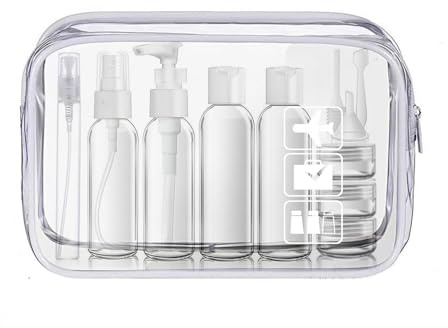 LECUNE Weiß Transparenter Kulturbeutel mit 13 Stück Reiseflaschenset(100ml) | Reiseflaschen Set inkl.1 Stück Plastikbeutel für Flüssigkeiten zugelassen (20x20cm),Flughafen-konforme Tasche,Reisezubehör
