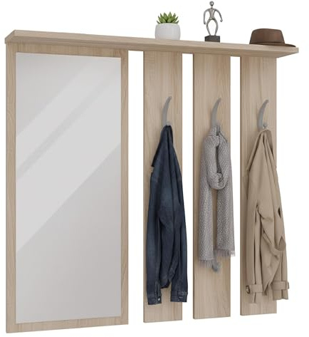 CDF Kleiderständer Opal | Farbe: Eiche Sonoma | Platz für Kleidungen, Mäntel, Jacken | Ideal für EIN Vorzimmer, Flur, Arbeitszimmer, Büro | 6 Haken | Einlageböden | großer Spiegel