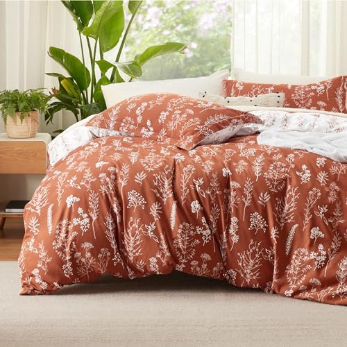 Bedsure Duvet Cover King Size - Reversible Terracotta King Duvet Cover Set with Zipper Closure, 3 Pieces Floral Patterned Bedding Set with 8 Corner Ties and 2 Pillow Shams