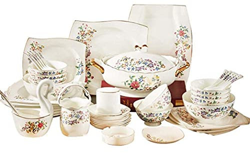 Juego de vajilla, Juego de vajilla de cerámica de 50 Piezas, Platos con patrón de Flores de Colores, Cuencos, Juegos de Cena de Porcelana de Hueso Combinados