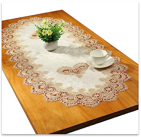 Spitze Oval Tischläufer Gestickte Tischdecke Spitze Deckchen Deckchen Oval Decke Handtuch Für Wohnzimmer Schrank Couchtisch, 70x130cm, Gold