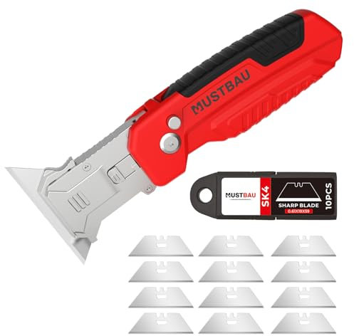Mustbau Professionelles Klappmesser, Universalmesser mit 10 zusätzlichen Klingen aus SK5, ideal Schneidwerkzeug aus Aluminium (mit Schnellwechsel und Klingenverriegelung)