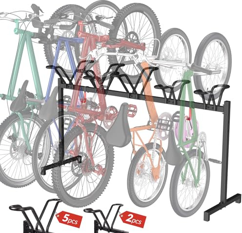 Sttoraboks 5 Bikes Floor Stand, Adjustable Bicycle Parking Rack with Hook for Garage, Indoor, Outdoor, Free Combination Bike Storage Cycle Rack for Mountain, Road and Kids Bikes, Max Tire Width 2.5”