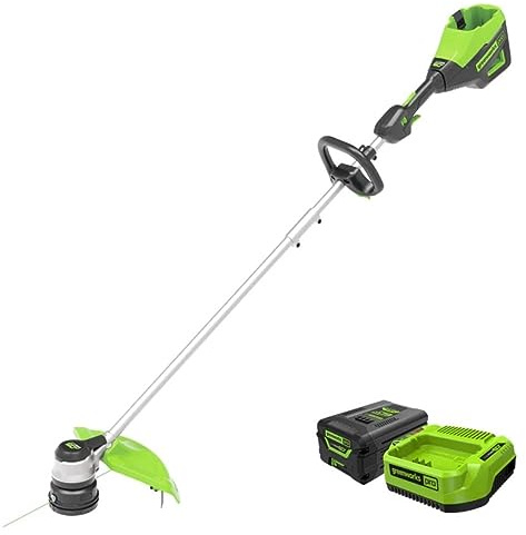 Greenworks Desbrozadora de césped 60 V, 40 cm, 2,4 mm, iones de litio, motor sin escobillas, 6000 rpm, 2 Ah, cargador