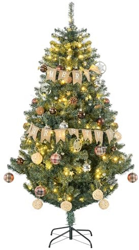 HOMCOM 6ft Pre Lit Artificial Christmas Tree Holiday Décor with 150 Warm White LED Lights and 650 Tips, Banner, Ball, Tag, Tree Decoration, Auto Open