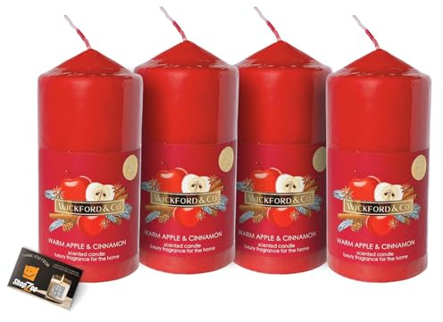 Wickford & Co Warm Apple & Cinnamon Pillar Candle Bundle | Pack of 4 Candles Long Burning 35hrs, Red, Household, Christmas Candles Gifts for Women | Includes ShopZee Safety Tips Guide