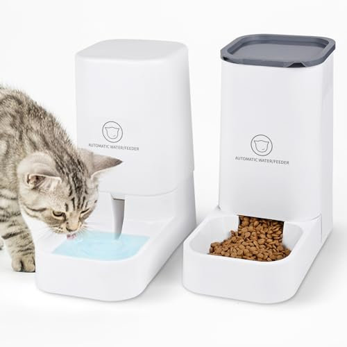 Dreamhigh® Automatischer Futterspender Katze, 2.1kg Futterautomat Katze und 3.8L Wasserspender Hund, Ohne Strom, PBA Frei Reisefutterspender Katzen Wasserspender-Weiß