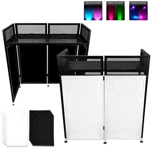Neoaider DJ Booth Table Station 44x42x21, DJ Facade Booth w/Black & White Lighting Scrims, Detachable 40x20 DJ Table, Carrying Bag, Foldable Metal Frame DJ Booth Panel for Show, Party, Gathering