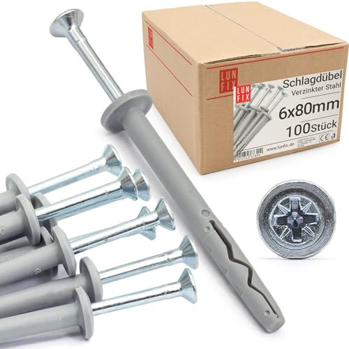 Lun Fix Tasselli a percussione 6,0 x 80 mm, tasselli per unghie, 100 pezzi, testa a fungo, tassello, vite per telaio, montaggio rapido, tasselli, vite a percussione