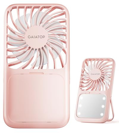 gaiatop Portable Handheld Fan, Folding Stand for Desktop, 3 Speed LED Makeup Mirror with Light, Rechargeable Mini Personal Fans Small Travel Essentials Gifts for Women Girls Pink